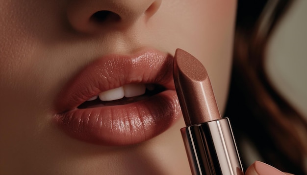 Young woman applying beautiful glossy lipstick closeup