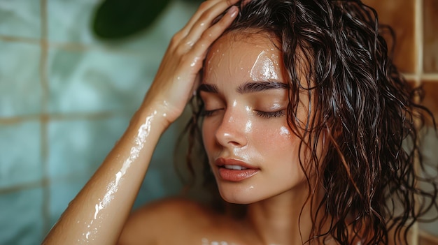 Young Woman Applying Coconut Oil to Her Hair in a Bathtub for Healthy Hair Care Routine