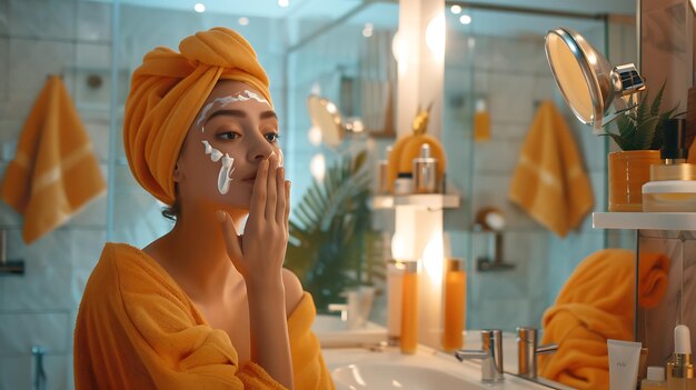 Photo young woman applying face cream in bathroom skincare routine fresh look