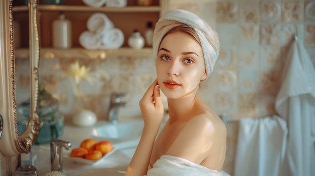 Young Woman Applying Face Cream in Bathroom Skincare Routine Fresh Look