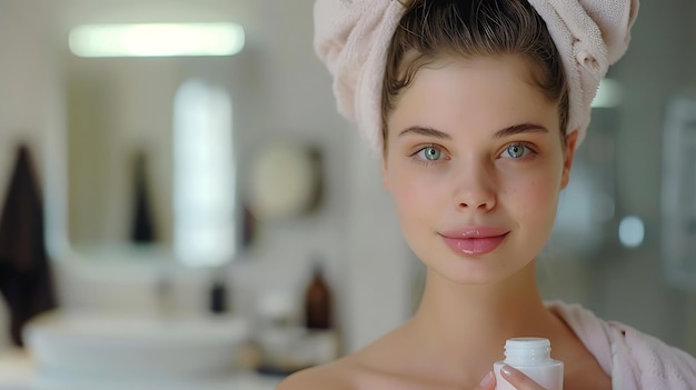 Photo young woman applying face cream in bathroom skincare routine fresh look