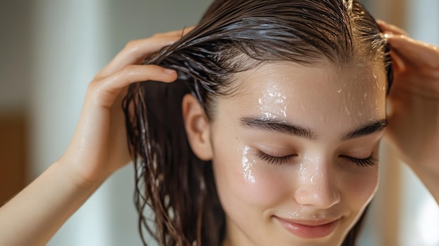 Photo young woman applying hair treatment in bright bathroom during the day