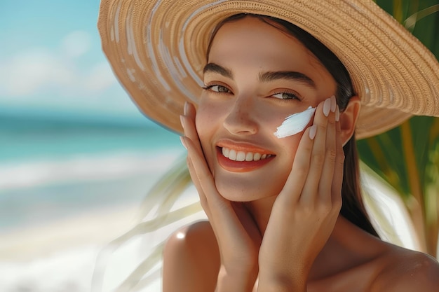 Young woman applying sunscreen on face at beautiful beach with sea and palm trees Copy space