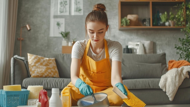 Photo a young woman in an apron and gloves is cleaning floor at house