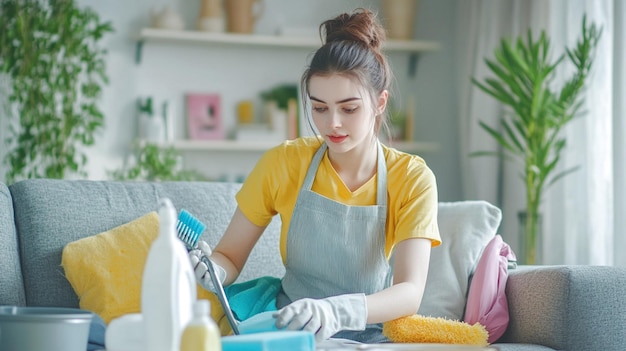 A young woman in an apron and gloves is cleaning floor at house