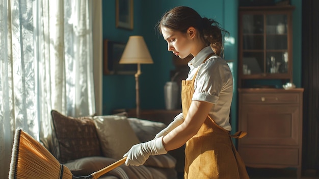 Photo a young woman in an apron and gloves is cleaning floor at house