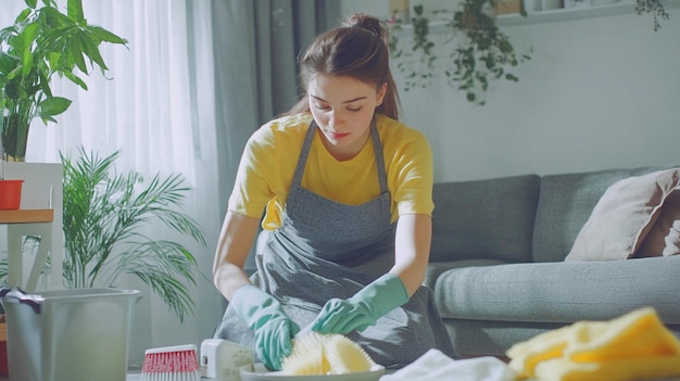 A young woman in an apron and gloves is cleaning floor at house