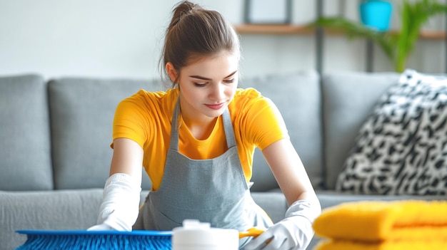 Photo a young woman in an apron and gloves is cleaning floor at house