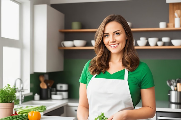 A young woman in an apron prepares a healthy food of vegetables in the kitchen