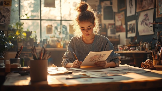 Young Woman Artist Drawing in Studio with Natural Light