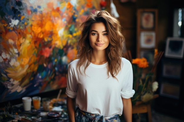 Young woman artist at her art studio in front of canvas painting