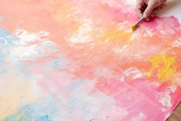 Young woman artist paints with a spatula on the canvas