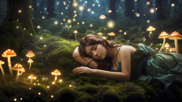 A young woman asleep on a bed of moss in an enchanted forest