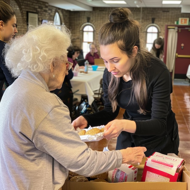 Photo a young woman assists an elderly lady at a community event with food and supplies in a supportive and warm environment