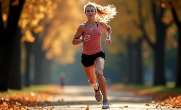 Photo young woman athletic build jogging in park maintaining fitness surrounded by autumn scenery fallen leaves underfoot morning light filtering through trees active lifestyle