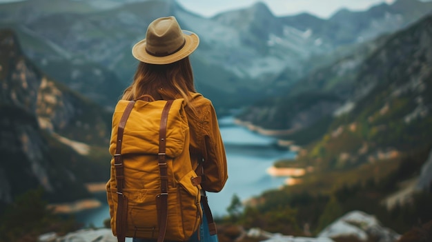 A young woman backpacking alone enjoying the vast beauty of mountainous landscape at sunset