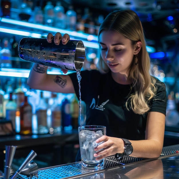 Young woman barman preparing cocktail and pouring it into glass