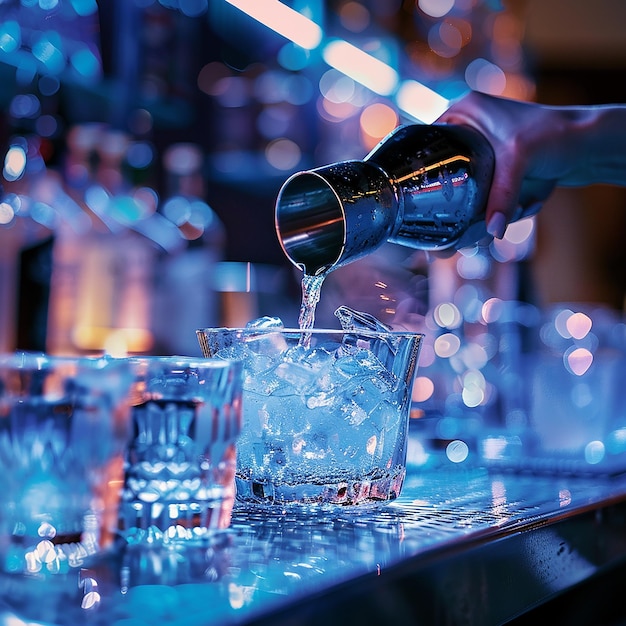 Young woman barman preparing cocktail and pouring it into glass