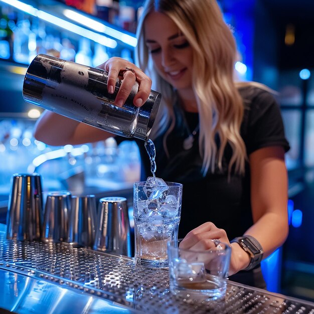 Young woman barman preparing cocktail and pouring it into glass