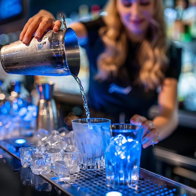 Photo young woman barman preparing cocktail and pouring it into glass