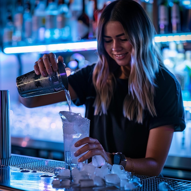 Photo young woman barman preparing cocktail and pouring it into glass