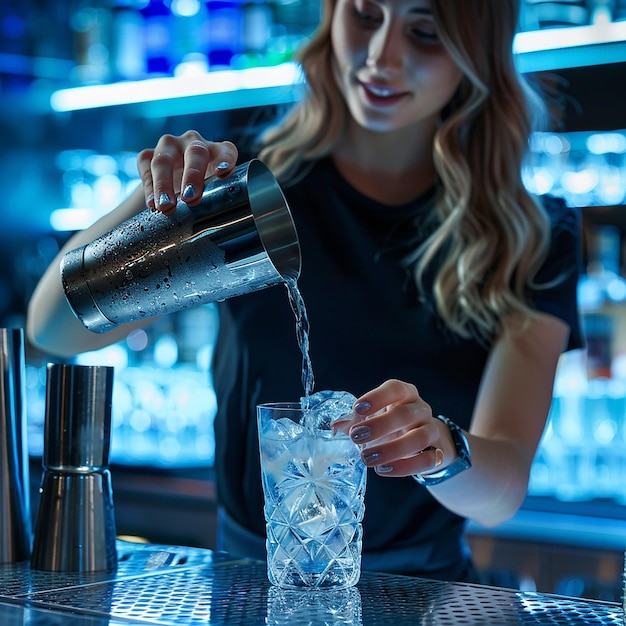 Young woman barman preparing cocktail and pouring it into glass