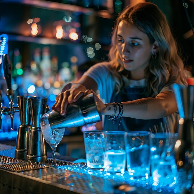 Young woman barman preparing cocktail and pouring it into glass