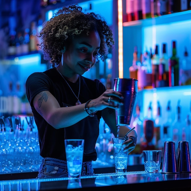 Young woman barman preparing cocktail and pouring it into glass