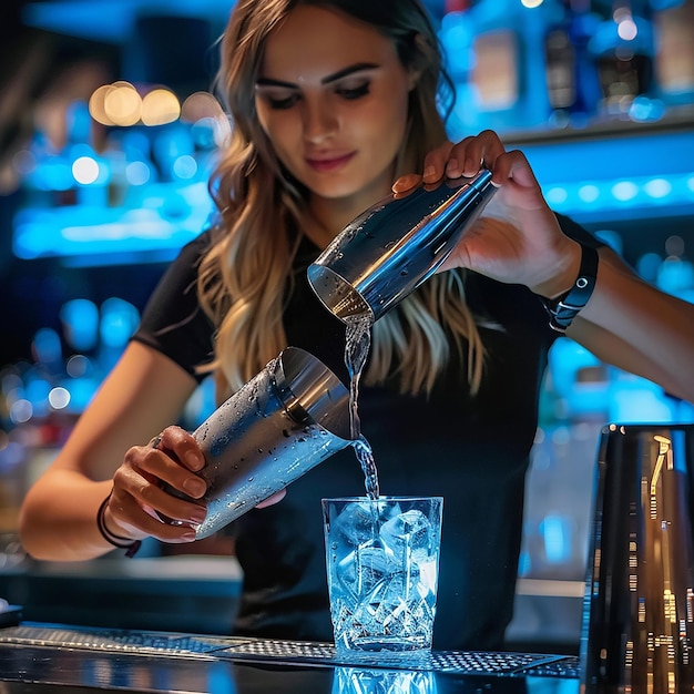 Photo young woman barman preparing cocktail and pouring it into glass