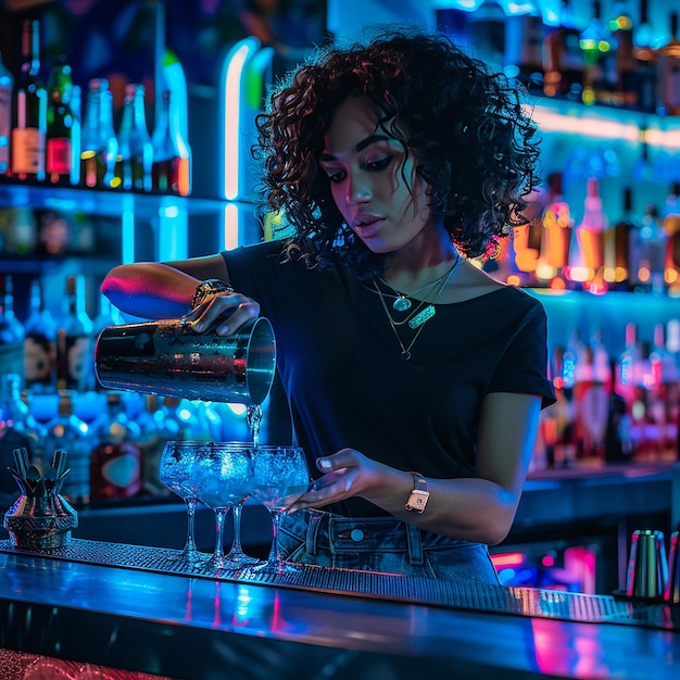 Young woman barman preparing cocktail and pouring it into glass