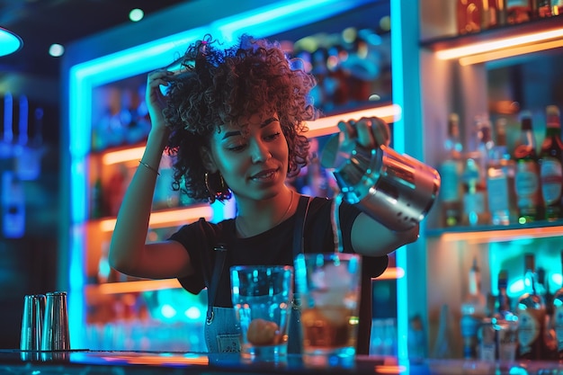 Young woman barman preparing cocktail and pouring it into glass