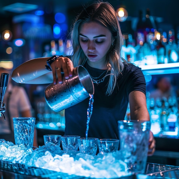 Young woman barman preparing cocktail and pouring it into glass