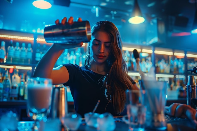 Photo young woman barman preparing cocktail and pouring it into glass