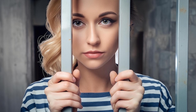 Photo a young woman behind bars in the prison jail