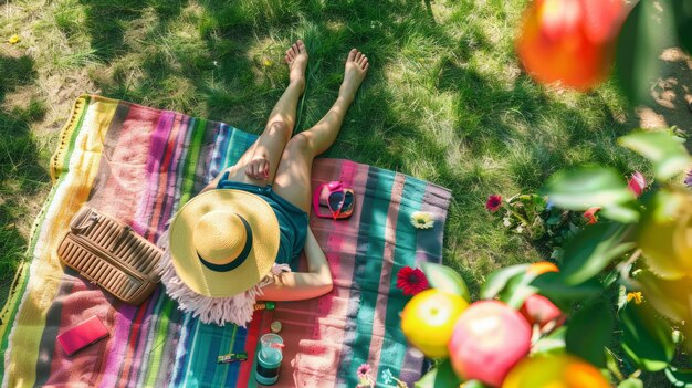 Photo young woman basks in the sunshine lounging on a vibrant blanket in a garden