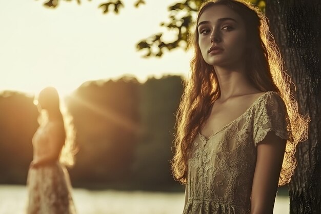 A young woman bathed in the golden light of sunset her hair glowing