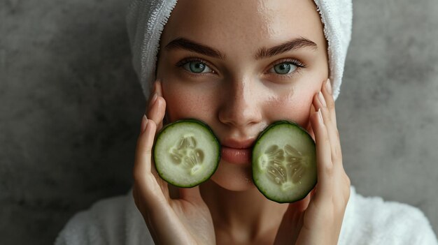 Photo young woman in bathrobe with cucumber slices on grey background