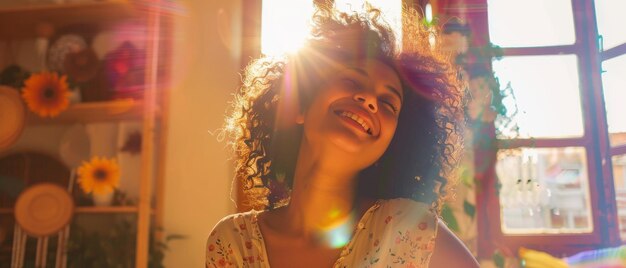 A young woman beams with happiness as she enjoys the sunlight streaming through the window filling the room with warmth and light