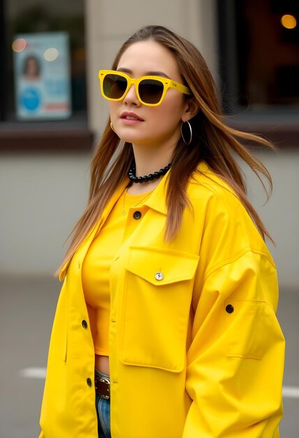 young woman beautiful dance girl fashion yellow sunglasses trendy attractive lifestyle