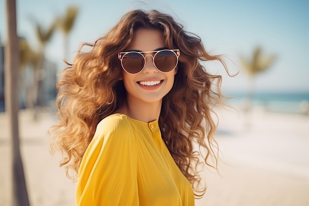 Young Woman Big Smile on a Beach Female Fashion Sunglasses Happy Positive Summer Vacation Girl Big Smiling Eye Sun Protection Sunglasses Concept Generative AI Illustration