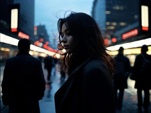 young woman in black coat on the street young woman in black coat on the street