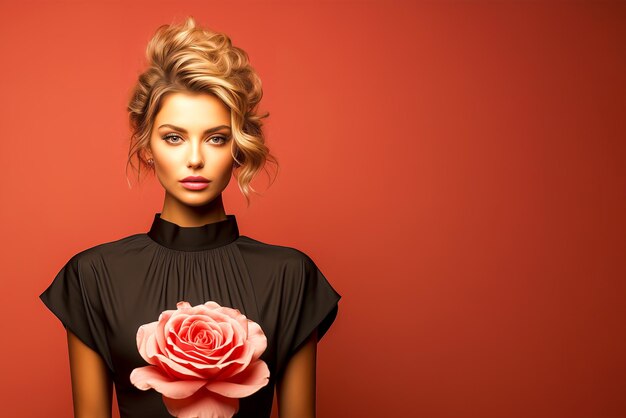 Young woman in black dress with red rose on red background with space for text