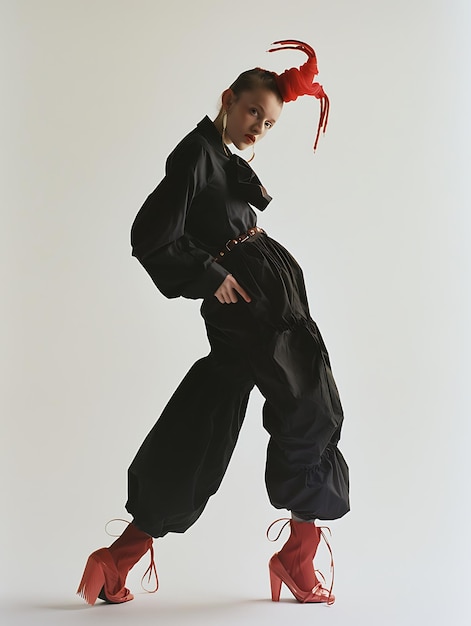 Young woman in black fashion with red shoes and an abstract red headpiece