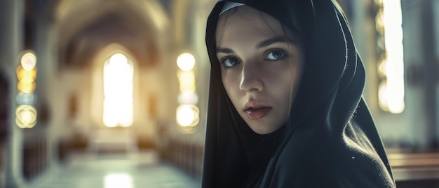 Young woman in a black headscarf gazes reverently in a church39s golden light