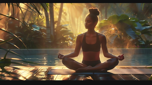 A young woman in a black sports bra and black leggings is sitting in a yoga pose on a wooden dock