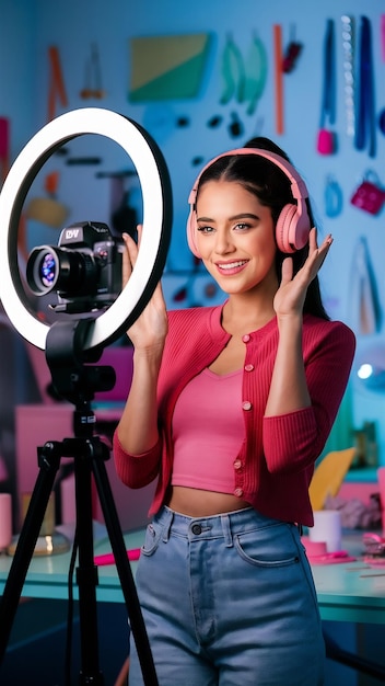 Young woman blogger recording video on camera