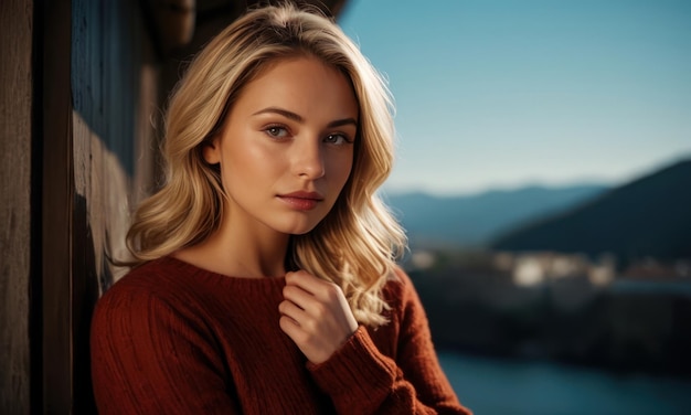 Photo young woman blonde with large breasts in blue top and knitted sweater on the background of the street geverative ai