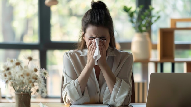 Young woman blowing her nose allergy or cold symptoms while working at her laptop