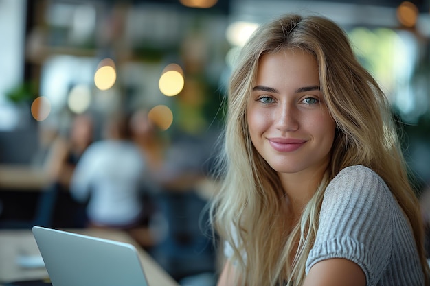 A young woman in a blue blouse is smiling while working on a laptop at an office desk