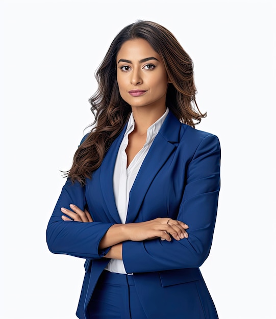 young woman in a blue business suit in the studio with her arms crossed with a white background